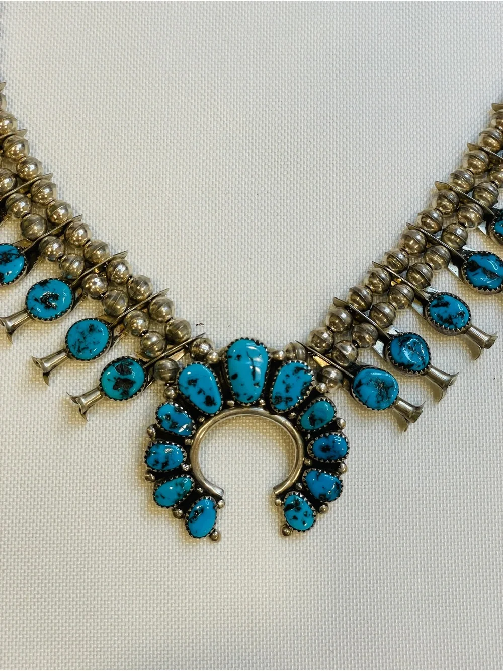 Vintage Navajo Blue Turquoise Squash Blossom Necklace And Earrings Set